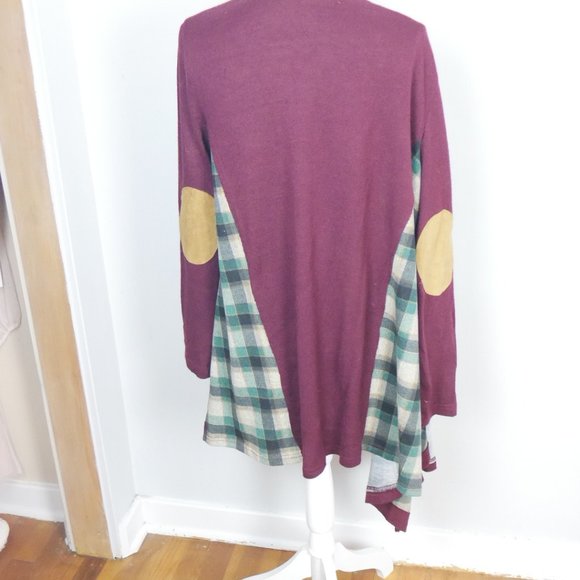 Entro Maroon with Green Plaid and Tan Elbow Patch Open Cardigan Medium - Picture 11 of 11